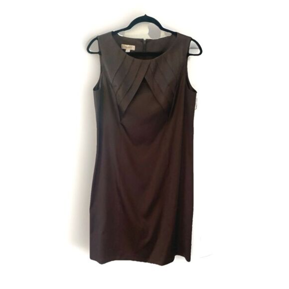 Dress Barn Satin Pleated Shift Dress Women’s 12 Brown Sleeveless Career Formal - Picture 3 of 13